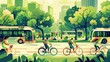 © cvetikmart - Green urban environment with zero-carbon transportation system, electric buses, bikes, and pedestrian-friendly paths. Zero carbon