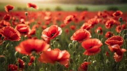 Sticker - Field of vibrant red poppies blossoms in warm glow of sun