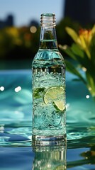 Sticker - a glass filled with water and lemon on a table.