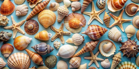 Wall Mural - Seashell and Starfish Flatlay Composition, Blue Background, Seashell, Starfish, Sea Life, Ocean, Beach