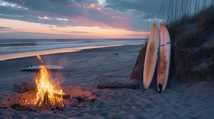 Wall Mural - A bonfire on a secluded beach at sunset, with the flames casting a warm glow on the nearby dunes. A couple of surfboards are propped up, suggesting a day spent surfing.