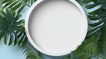 Poster - White Circle on Tropical Leaves Background