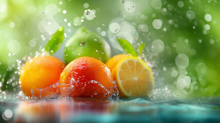 Wall Mural - Fresh Oranges with Water Splash in Sunlight