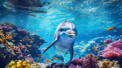 Sticker - Vibrant underwater scene featuring a smiling dolphin among colorful coral reefs and tropical fish.