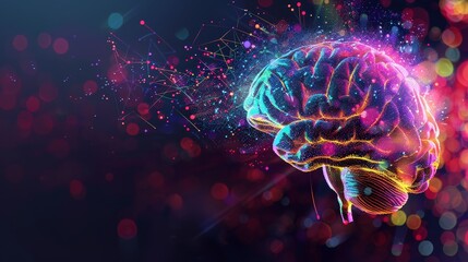 Canvas Print - Colorful Brain with Bokeh Lights - A digital illustration of a brain with glowing lights in a futuristic concept. The image is a metaphor for intelligence, creativity, and the power of the mind. - A d