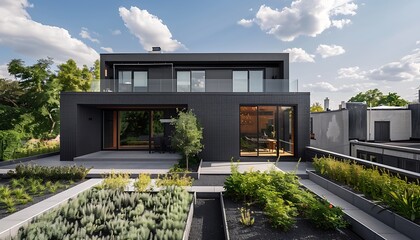 Contemporary minimalist suburban home in charcoal gray, urban rooftop garden, mid-day sunlight,