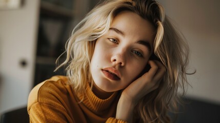 Wall Mural - Close-up Portrait of a Blonde Woman with Pensive Expression