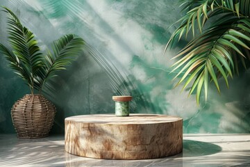 Wall Mural - Wooden Display Stand with Tropical Plants