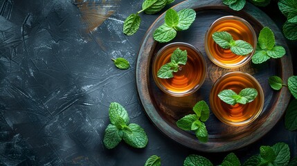 Steaming Moroccan mint tea in traditional cups, adorned with fresh green leaves. Mint tea with green leaves on a table in top view.