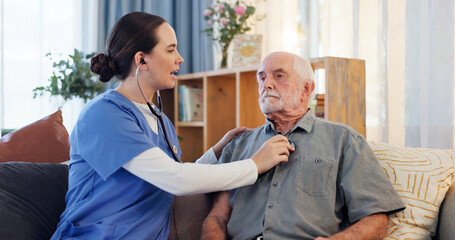 Sticker - Senior man, nurse and stethoscope for lung checkup with healthcare, retirement and wellness in nursing home. Elderly patient, caregiver and listening to breathing for infection, illness or pneumonia