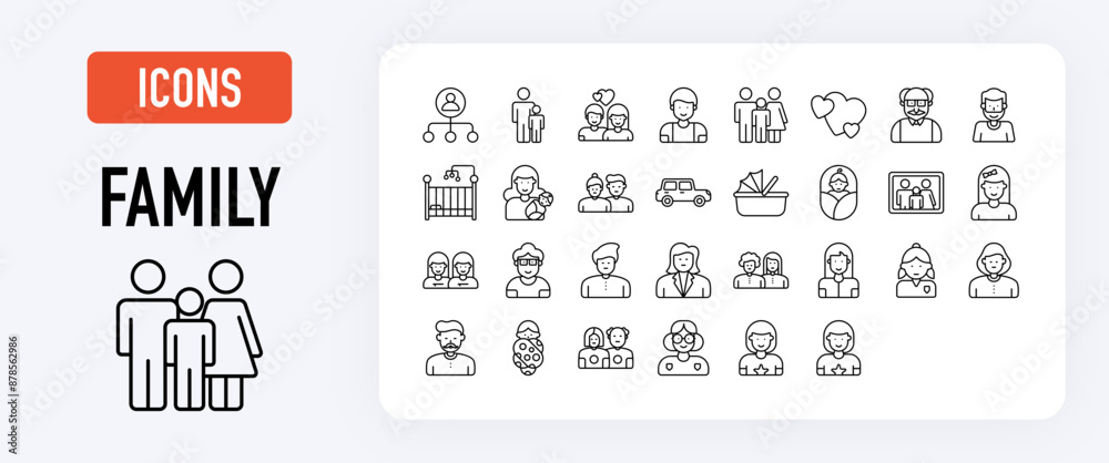 Family icon set. contains Family Tree, Father And Son, Baby Crib ...