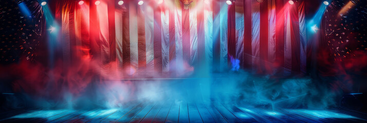 Wall Mural - American Flag Stage Background with Lights and Smoke - A stage with a backdrop of an American flag. The stage is lit with red, white, and blue spotlights. The image evokes a sense of patriotism and ce