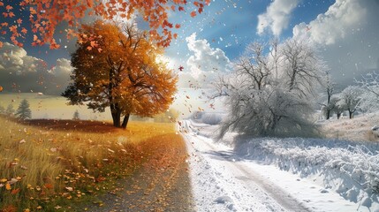 Sticker - Autumn and Winter, Side by Side - A picturesque landscape depicting the transition from autumn to winter, with a vibrant autumnal scene on one side and a snowy winter scene on the other. - A picturesq