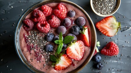 Canvas Print - Healthy Acai Smoothie Bowl with Fresh Fruits Berries and Chia Seeds