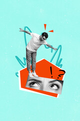 Sticker - Vertical creative image collage young man balance falling down face fragment vision eyesight unsure uncertain question mark