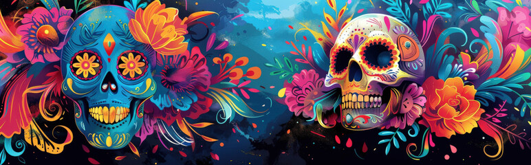 Wall Mural - minimalist, abstract faces of calaveras with floral motifs, using simple lines and shapes to convey the traditional aesthetic.