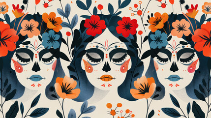 Wall Mural - minimalist, abstract faces of sugar skulls with floral motifs, using simple lines and shapes to convey the traditional aesthetic.