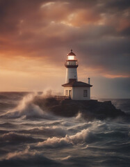 Poster - lighthouse shining in the sea, dusky ocean, dramatic sunset colors painting the sky with warm hues
