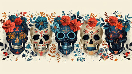 Wall Mural - minimalist, abstract faces of calaveras with floral motifs, using simple lines and shapes to convey the traditional aesthetic.