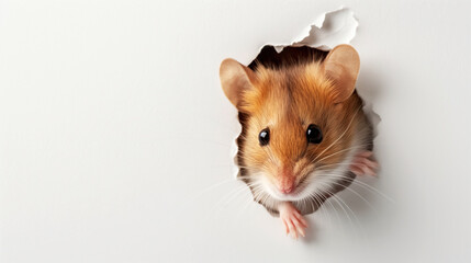 Poster - Curious hamster peeking through a hole in a white wall, showing cute expression