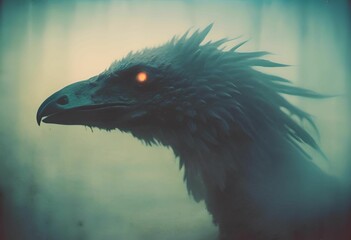 Wall Mural - ai generated illustration of a mythical bird with glowing eyes in a misty atmosphere.