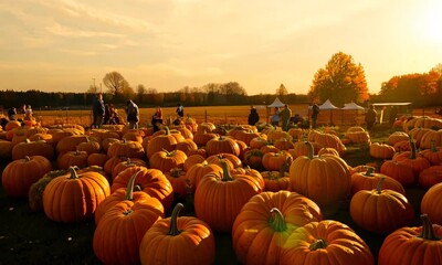 a vibrant pumpkin patch filled with large orange pumpkins, bathed in the warm glow of a setting sun.