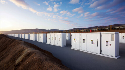 Canvas Print - Large-scale battery energy storage system lined up in a desert setting at sunset.