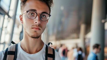 Wall Mural - Young Man with Glasses in a Blurred Environment