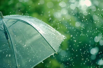 Wall Mural - close-up of an umbrella in the rain, with droplets flying around it and a blurred green background. 