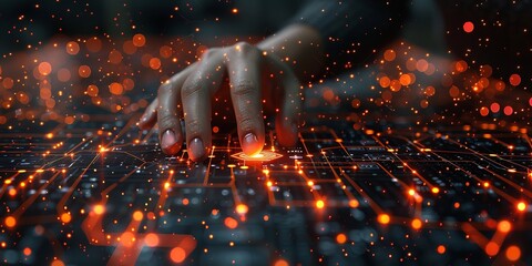 Concept of Digital Transformation for the Next Generation Technology Era: AI, Machine Learning. Hands Interacting with Big Data Structure, Digital Network Connections, and Data Transformation