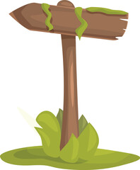 Poster - Old wooden blank signpost covered with green moss standing on grass, pointing the way