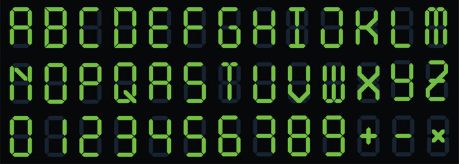 Poster - digital display font. alarm clock letters and numbers, electronic alphabet and retro calculator scre