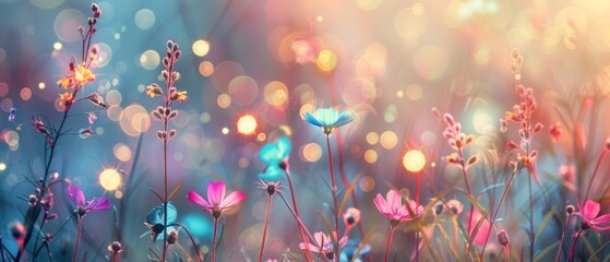 Wall Mural - Beautiful multicolored spring meadow background with wild flowers and bokeh lights