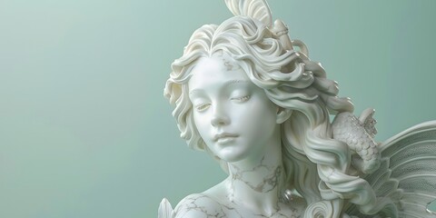 Wall Mural - A marble statue of a serene mermaid, with intricate scales and flowing hair, set against a pastel seafoam green background