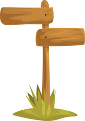 Poster - Wooden empty signpost standing on grass, giving directions, isolated on white background
