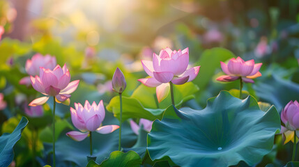 Wall Mural - Close up of Pink lotus flowers on a blurred garden background with golden sunlight in the morning, blooming in spring, beauty and nature, Selective focus and copy space.