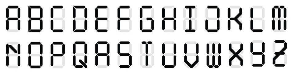 Poster - digital display font. alarm clock letters and numbers, electronic alphabet and retro calculator scre