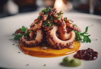 Wall Mural - Pan fried octopus dish at luxury restaurant, ad shot
