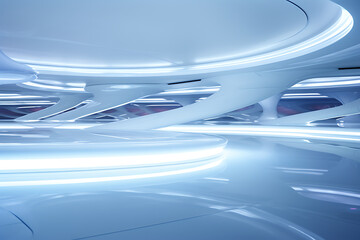 Futuristic white and blue abstract architecture with glowing lights, perfect for science fiction and technology concepts. 
