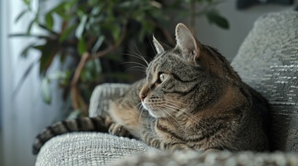 Poster - A cat is seated on the couch gazing at an object