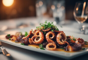 Wall Mural - pan-fried octopus dish at luxury restaurant, ad shot
