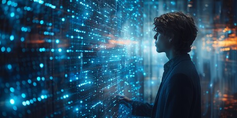 Wall Mural - Person interacting with a digital interface wall with blue glowing data points