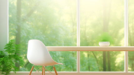 Wall Mural - White chair and wooden table near a window with green blurred background, minimalist home design, peaceful and serene, perfect for a relaxing morning. 
