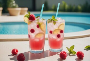 Wall Mural - Spring or summer refreshing cold cocktail with berries and lemon, raspberry lemonade. near the pool