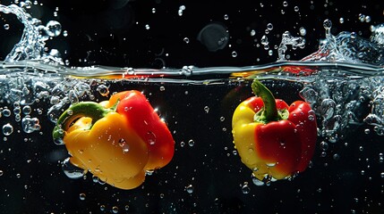 Two red and yellow peppers splashing in water.