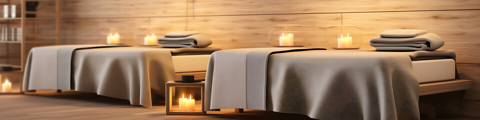 Warm, inviting spa interior with beige linens and glowing candles, perfect for relaxation and wellness. 
