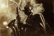 © spyrakot - Vintage Jazz Night in a Smoky Club: Saxophonist Playing Under Soft Lights - Sepia Toned Atmosphere
