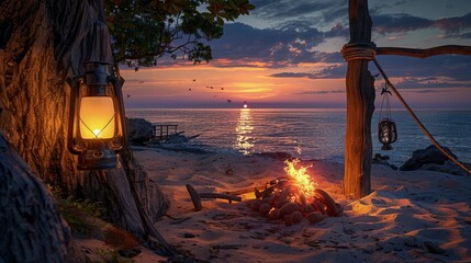 Wall Mural - A detailed view of a beach campsite at sunset with a bonfire crackling and a lantern hanging from a nearby wooden pole. The scene suggests a peaceful evening spent by the sea.