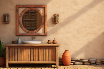 Wall Mural - Rustic bathroom design with brown wooden vanity and terracotta accents, perfect for a spa or wellness concept. 
