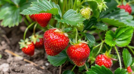 Wall Mural - Ripe Strawberries on a Green Plant